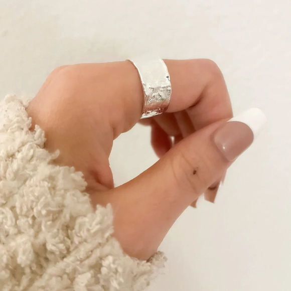 925 Sterling Silver Set of 2 Foil Rings Textured Ring Band Minimalist Ring - Picture 6 of 15